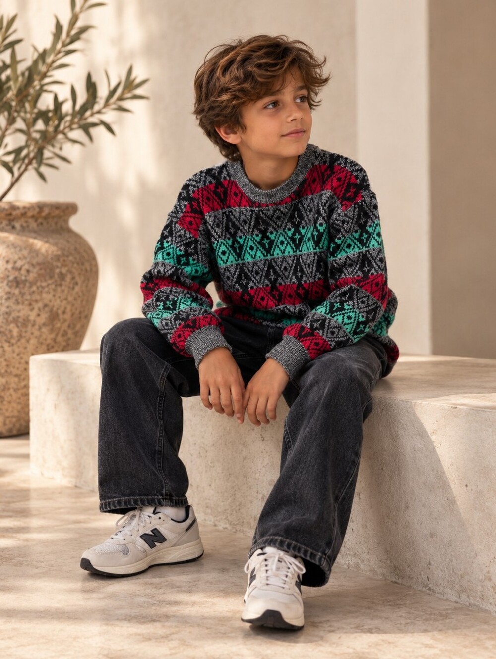 Vintage 80s 90s Kids 9-10Y Fair Isle Geometric Knit Sweater Red Green Black